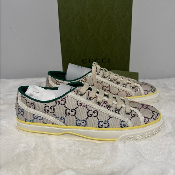 Gucci Shoes - Gucci Beige Canvas Sneakers with Colorful Logo
